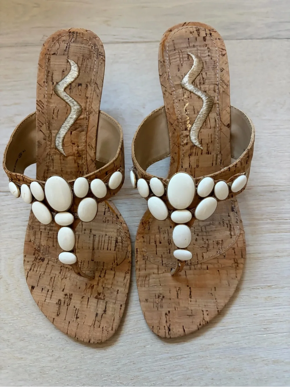 Nina Cork Thong Sandals with White Stone Accents
